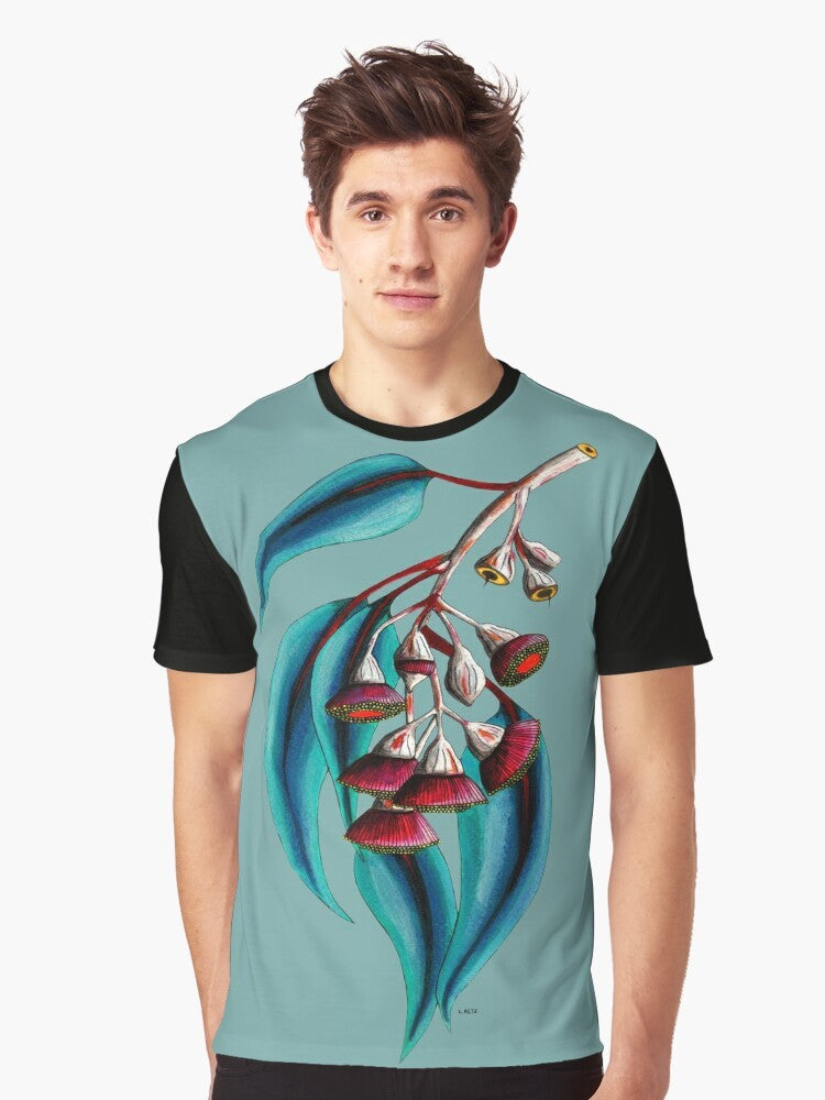 Colorful graphic t-shirt featuring a beautiful Australian gum tree with flowers and birds - Men