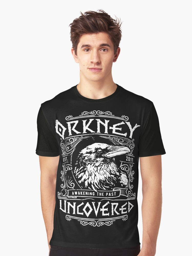 Orkney Raven Graphic T-Shirt featuring a majestic raven design inspired by Viking mythology - Men