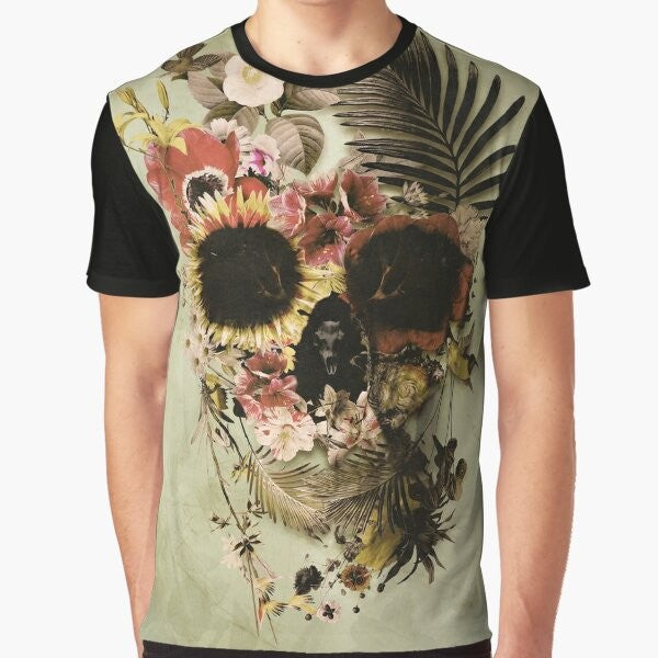 A graphic t-shirt featuring a floral skull design with a garden-inspired aesthetic.