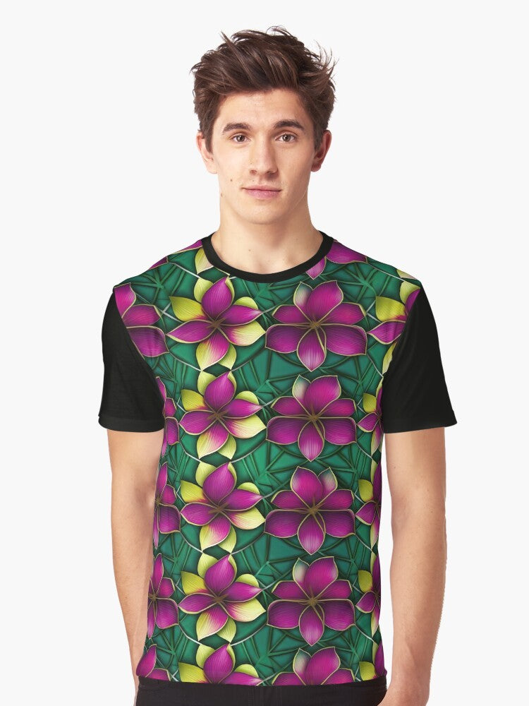 Colorful plumeria flower graphic on a funky Hawaiian tropical t-shirt - Men