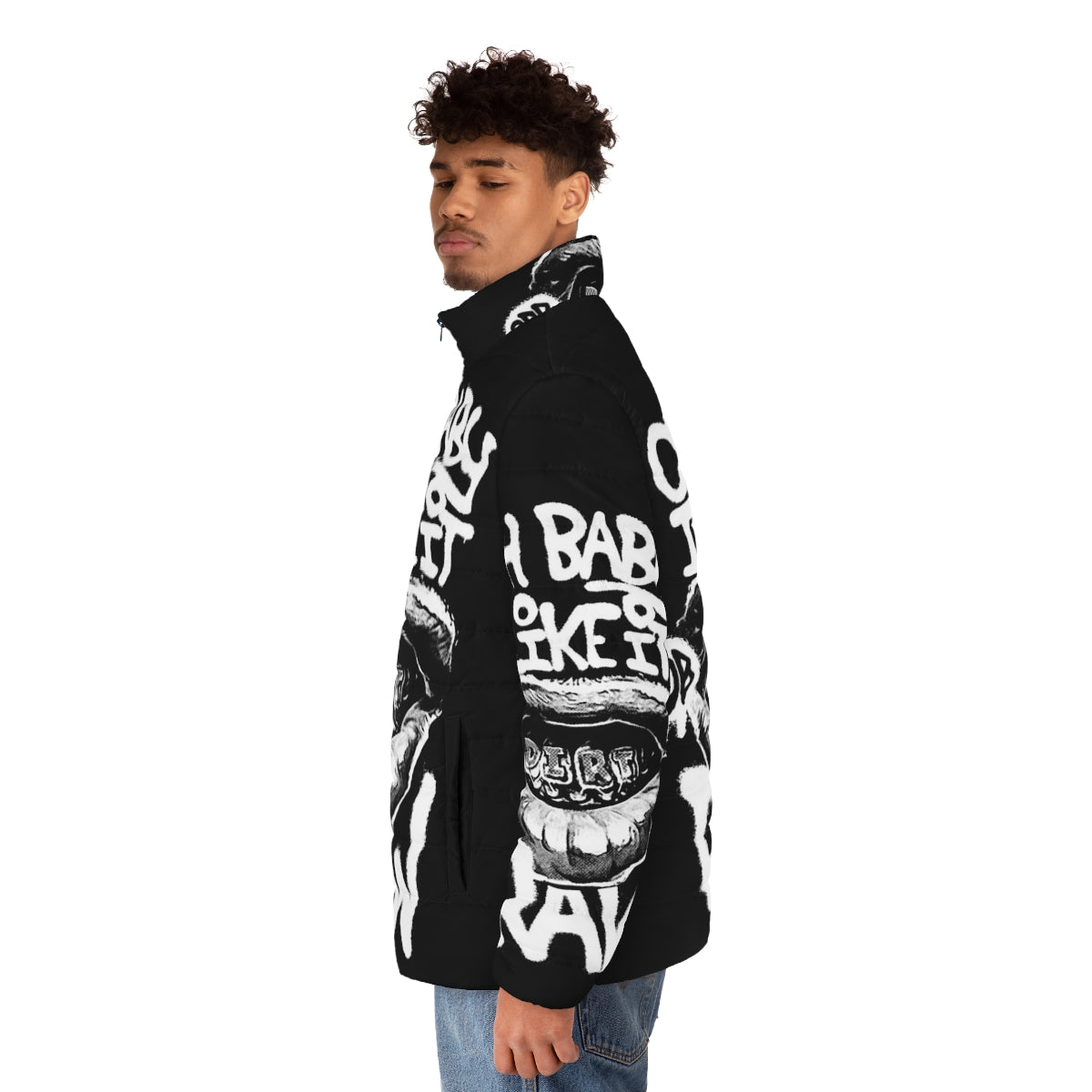 Odb inspired "Ooh Baby I Like It Raw" graphic puffer jacket with graffiti and halftone print design - men side left