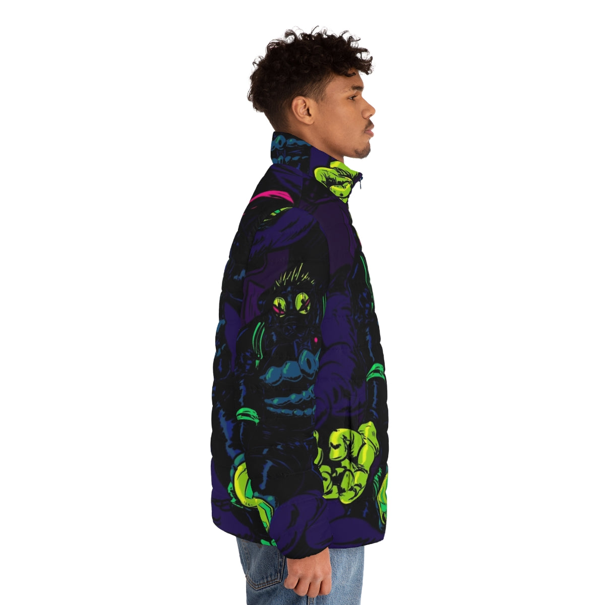 Caiman puffer jacket featuring a scaly design inspired by the anime Dorohedoro - men side right