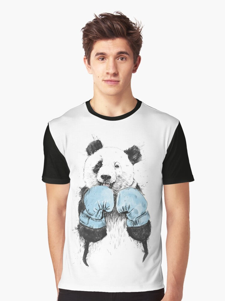 Illustration of a cute panda wearing boxing gloves on a graphic t-shirt - Men