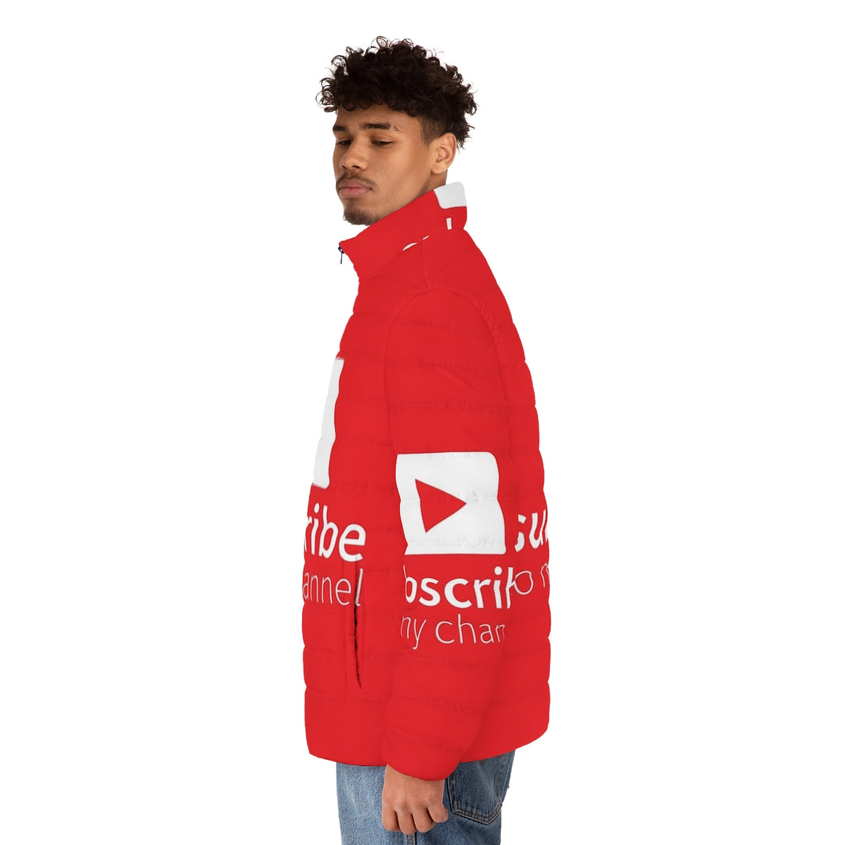 Man wearing a puffer jacket with the text "Subscribe to My Channel" - men side left