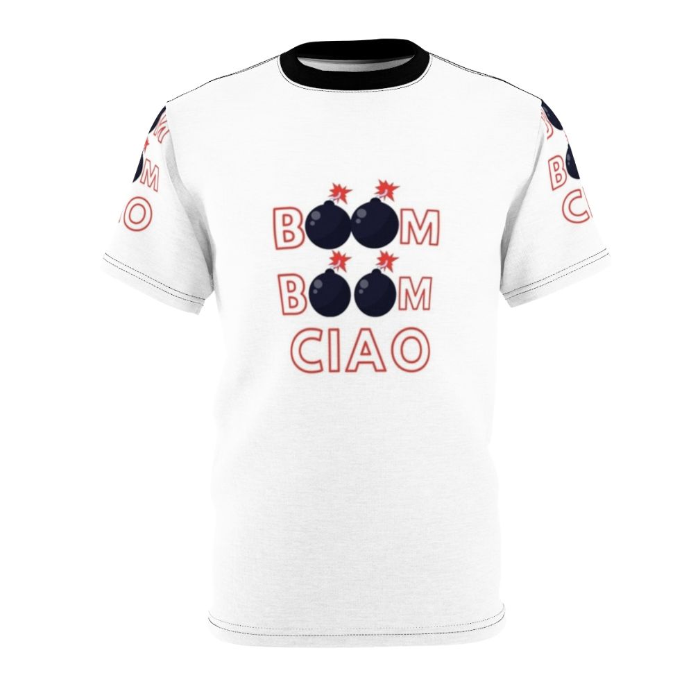 Money Heist inspired t-shirt with "Boom Boom Ciao" text