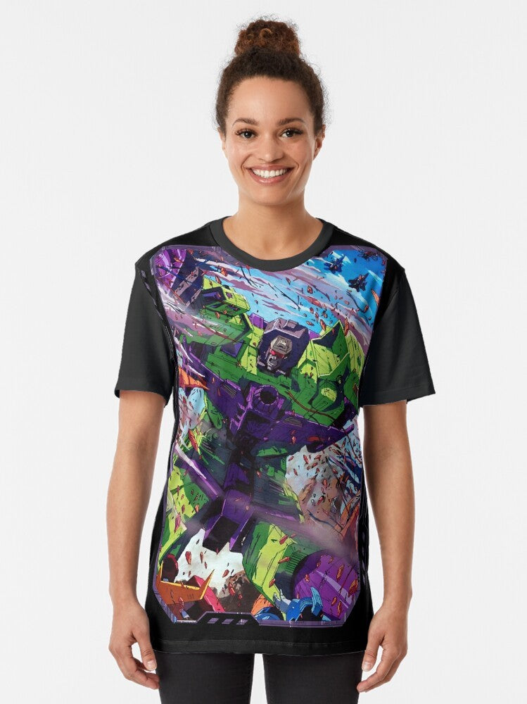 Retro Transformers Devastator graphic t-shirt design featuring Optimus Prime, Megatron, and other classic characters - Women