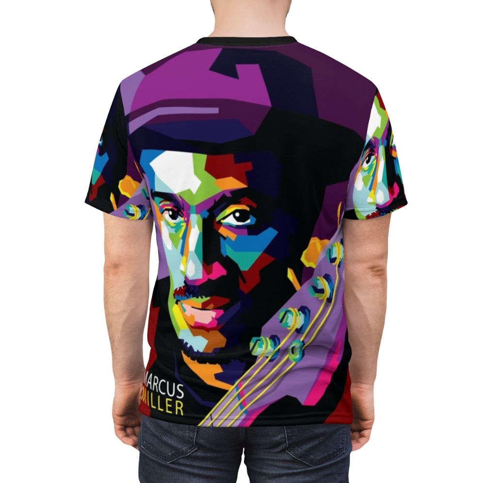 Retro pop art illustration of famous jazz musician Marcus Miller on a high-quality t-shirt - men back