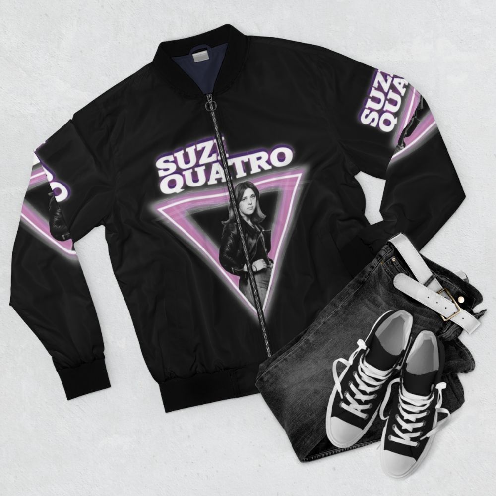 Retro Hard Rock Bomber Jacket featuring Suzie Quatro design - Flat lay