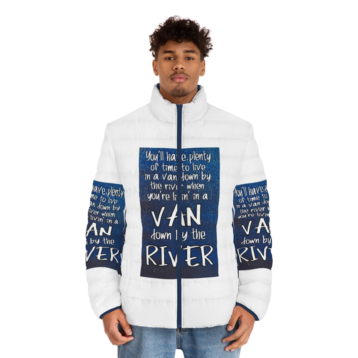 Puffer jacket with "Van Down by the River" graphic, a tribute to Chris Farley's iconic SNL character - men front