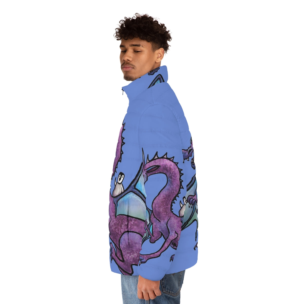 Whimsical puffer jacket featuring a penguin and dragon in a fantasy adventure - men side left