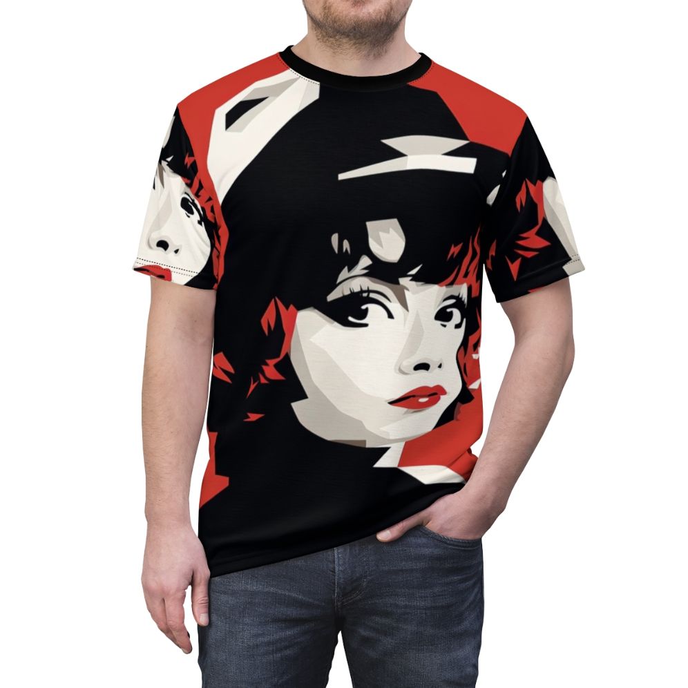 Vintage-inspired red t-shirt with minimalist design featuring classic Hollywood actress Clara Bow - men front