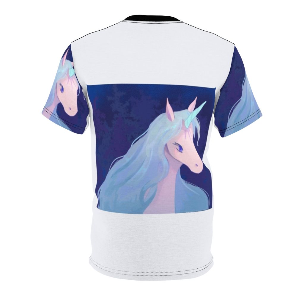 Whimsical illustration of the iconic unicorn from the classic fantasy film "The Last Unicorn" on a high-quality t-shirt. - Back