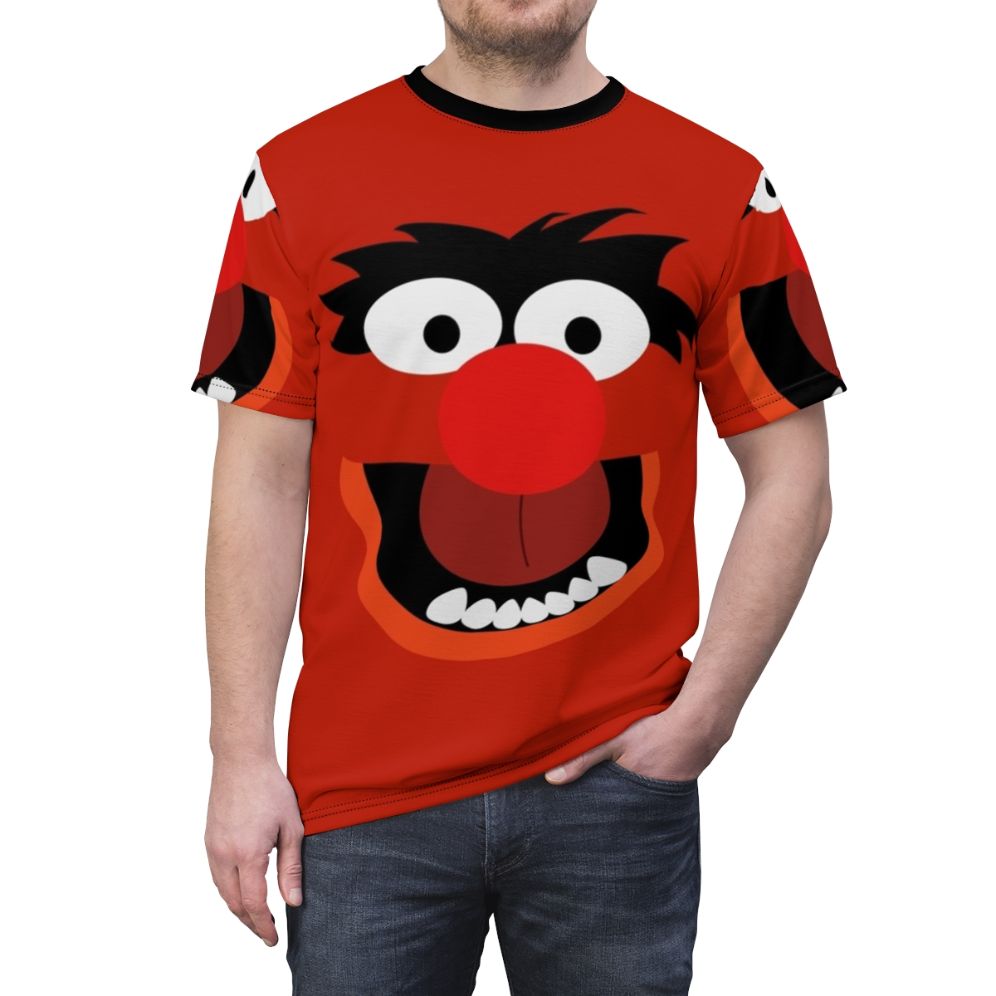 Colorful t-shirt featuring a variety of Muppet characters and animals in a pop art style - men front