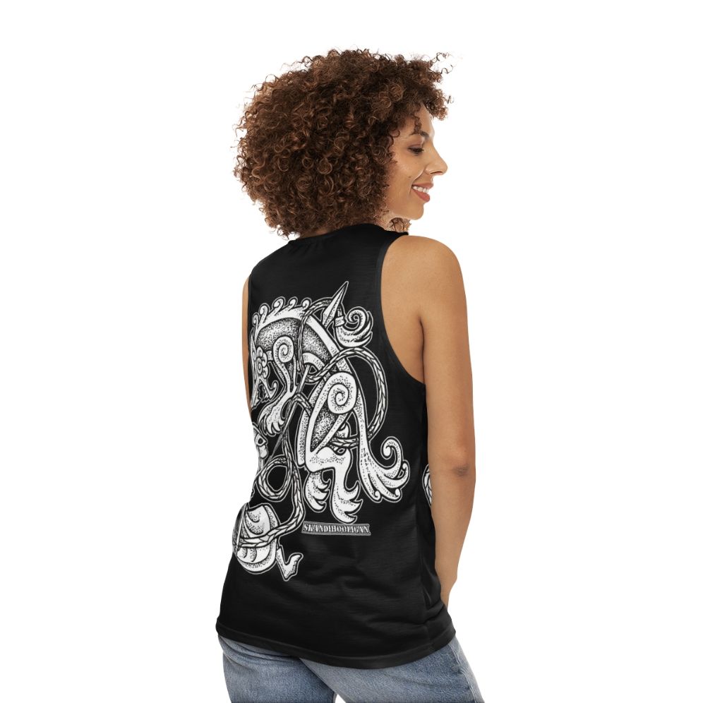 Shieldmaiden Huntress Unisex Tank Top featuring a wolf design - women back