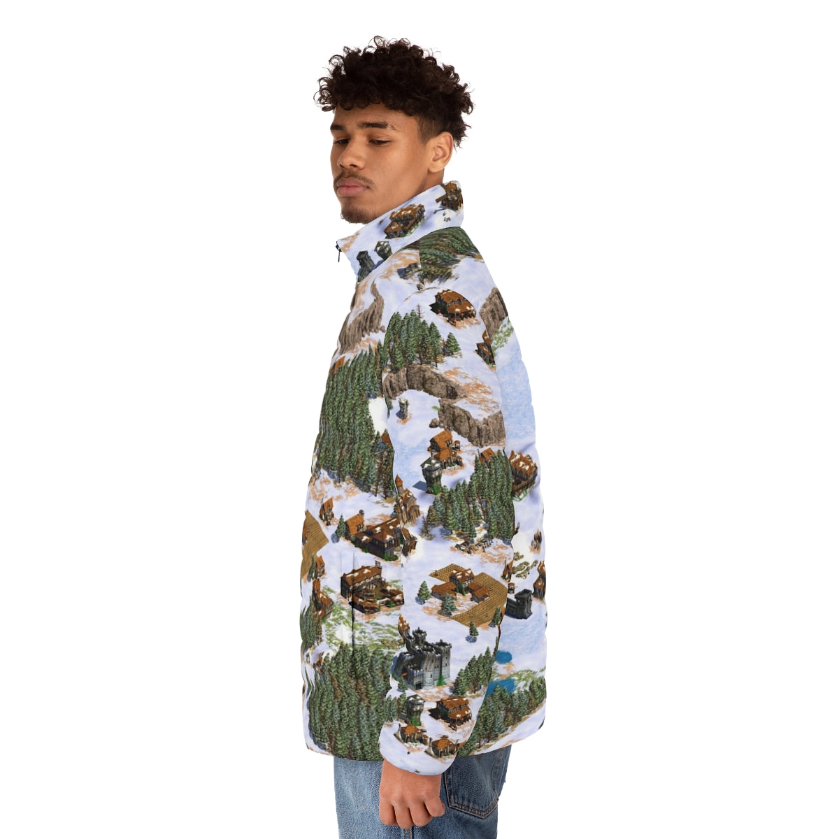 Age Of Empires Snowy Landscape Puffer Jacket featuring a vintage gaming design - men side left