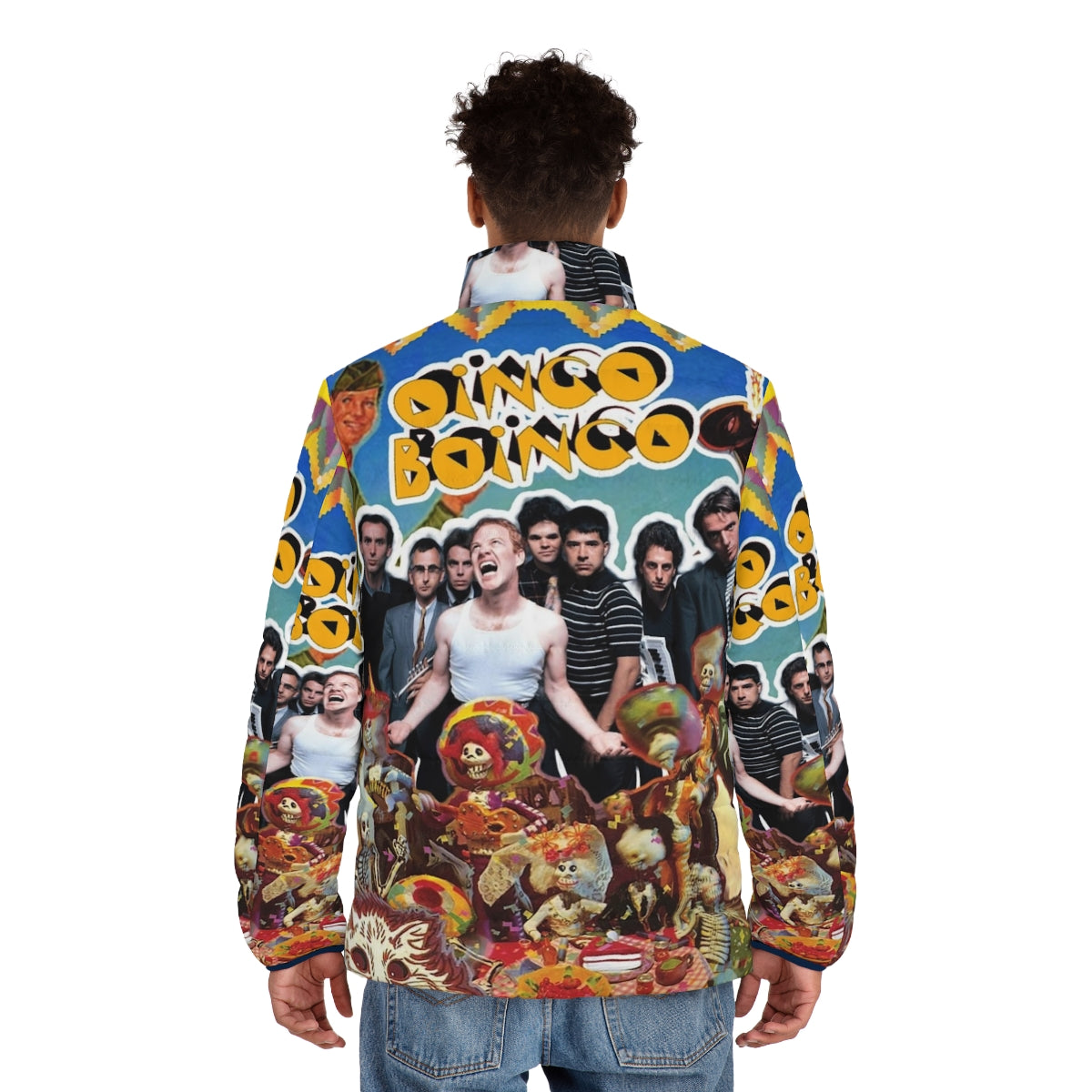 Oingo Boingo Puffer Jacket featuring the band's iconic logo and retro 80s new wave style - men back