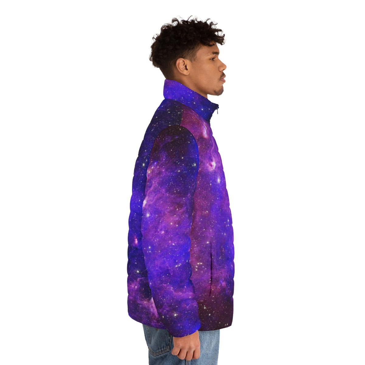 Galaxy Design Puffer Jacket featuring a vibrant cosmic print - men side right