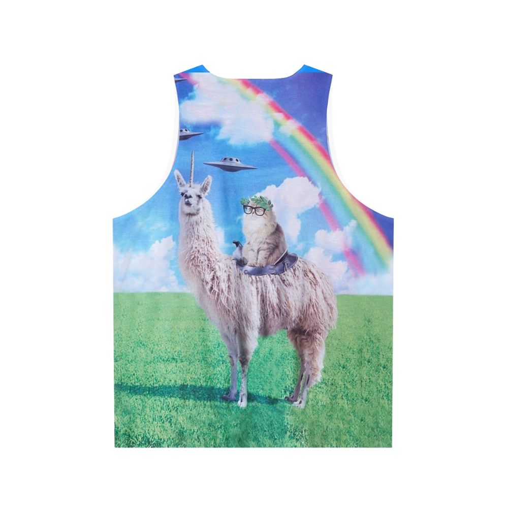 Cat riding llama unicorn with rainbow and UFO graphic tee - Back