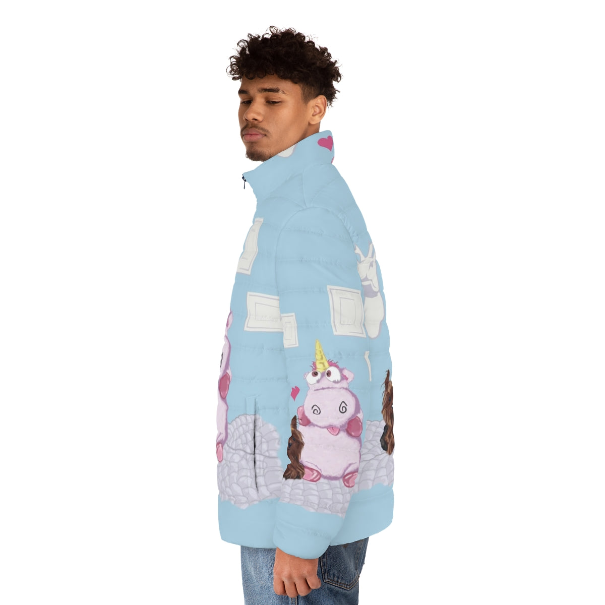 A cozy puffer jacket with a nice family portrait and a cute plush unicorn toy - men side left