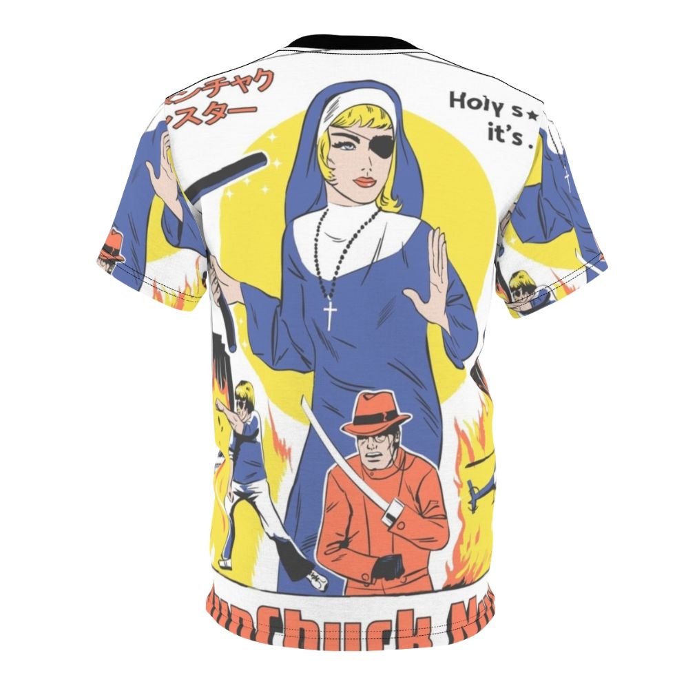 A stylish t-shirt featuring a nun wielding nunchucks in a retro, pop culture-inspired design. - Back