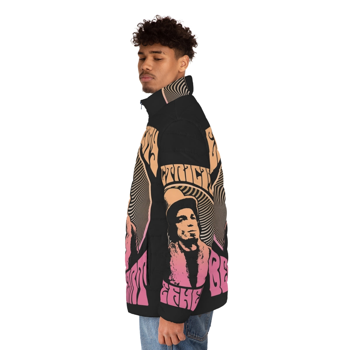 Captain Beefheart psychedelic rock puffer jacket with retro 1960s music design - men side left