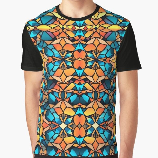 Vibrant kaleidoscope graphic t-shirt, ideal for pilates, yoga, and other fitness activities.