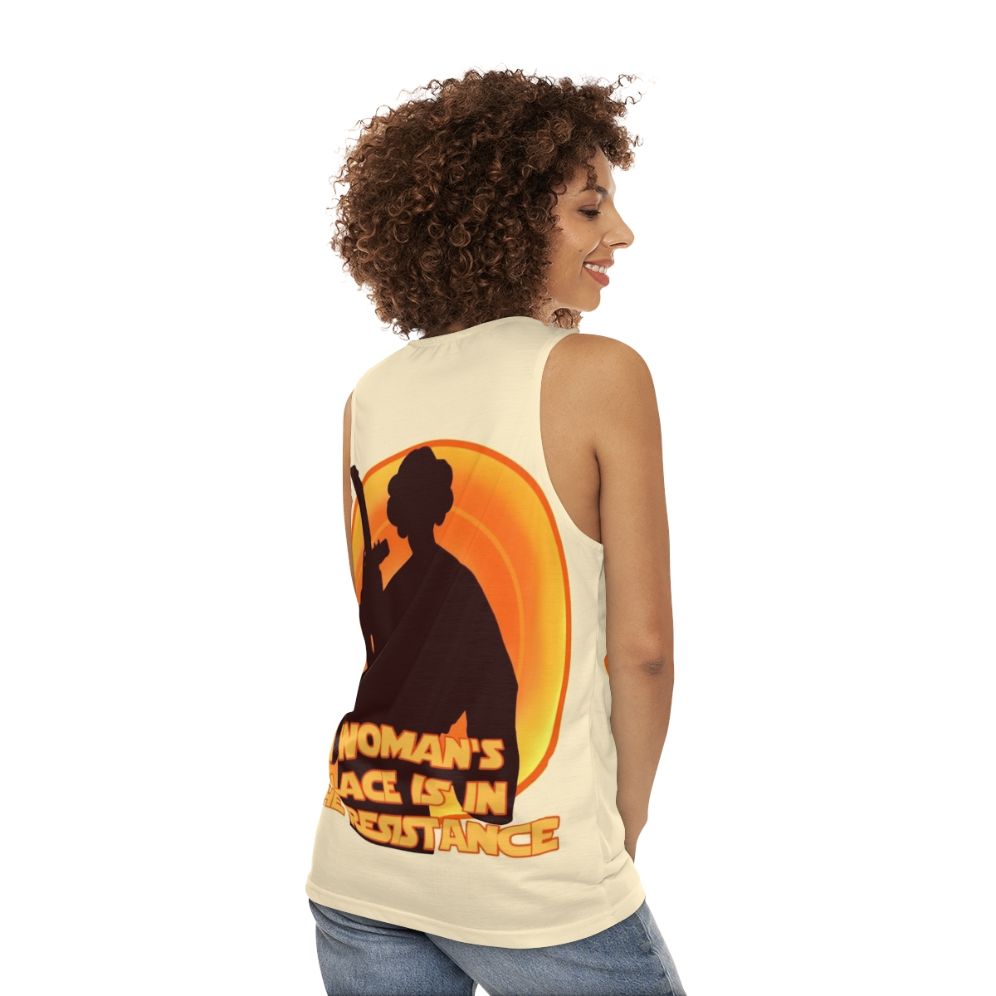 Feminist unisex tank top with resistance and star wars design - women back