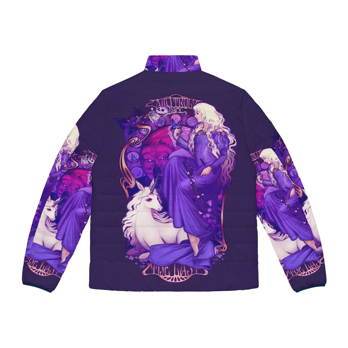 A puffer jacket with a retro, art nouveau-inspired unicorn design - Back