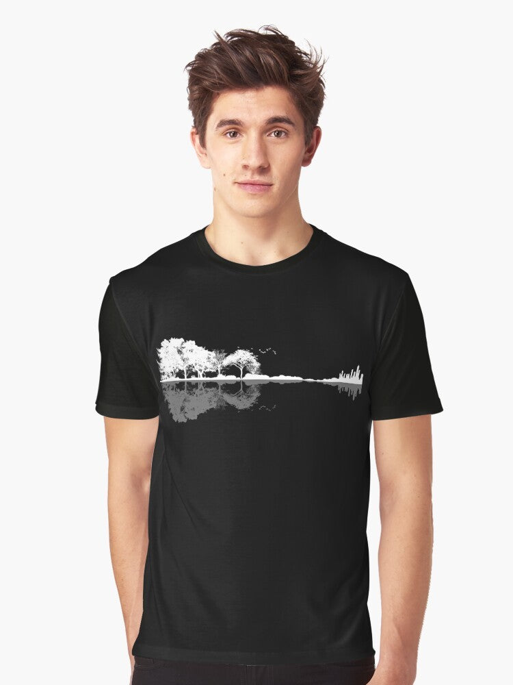 Minimalist landscape design featuring a nature-inspired guitar silhouette on a t-shirt - Men