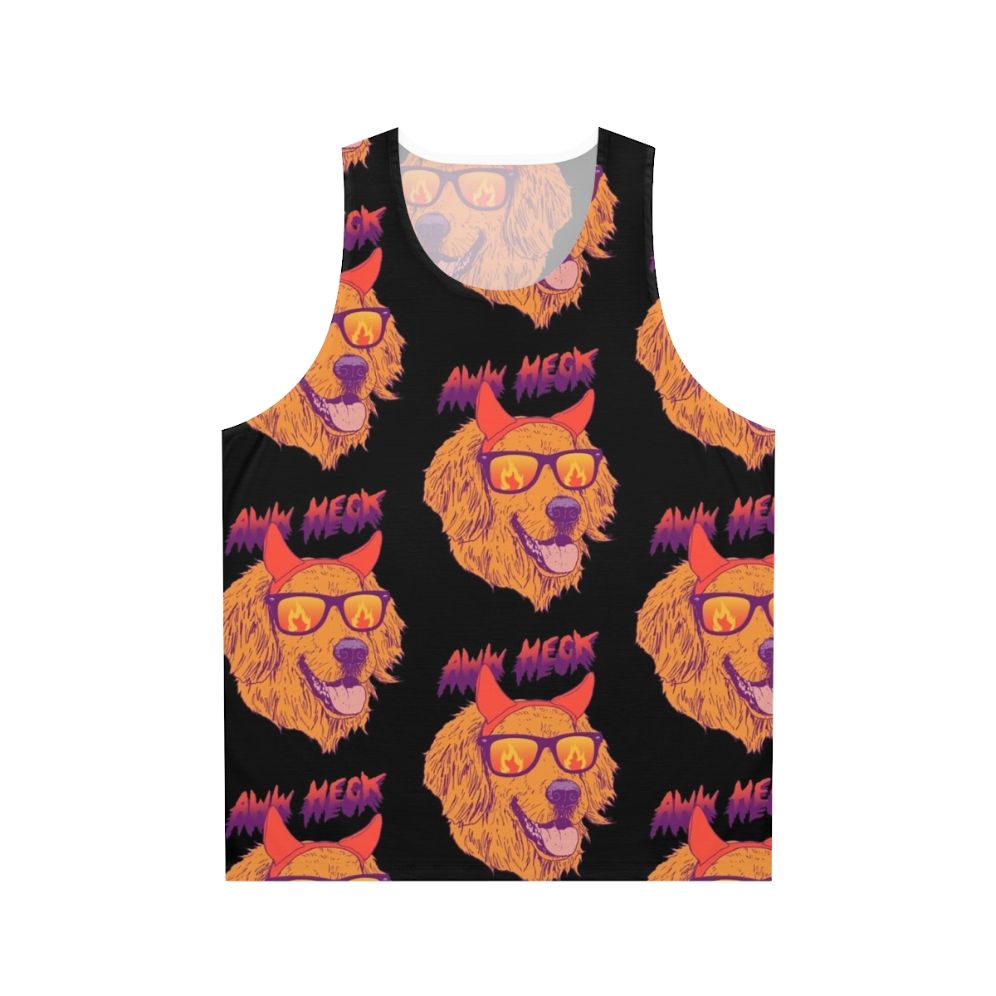 Golden retriever puppy wearing sunglasses and devil horns on a retro-style tank top