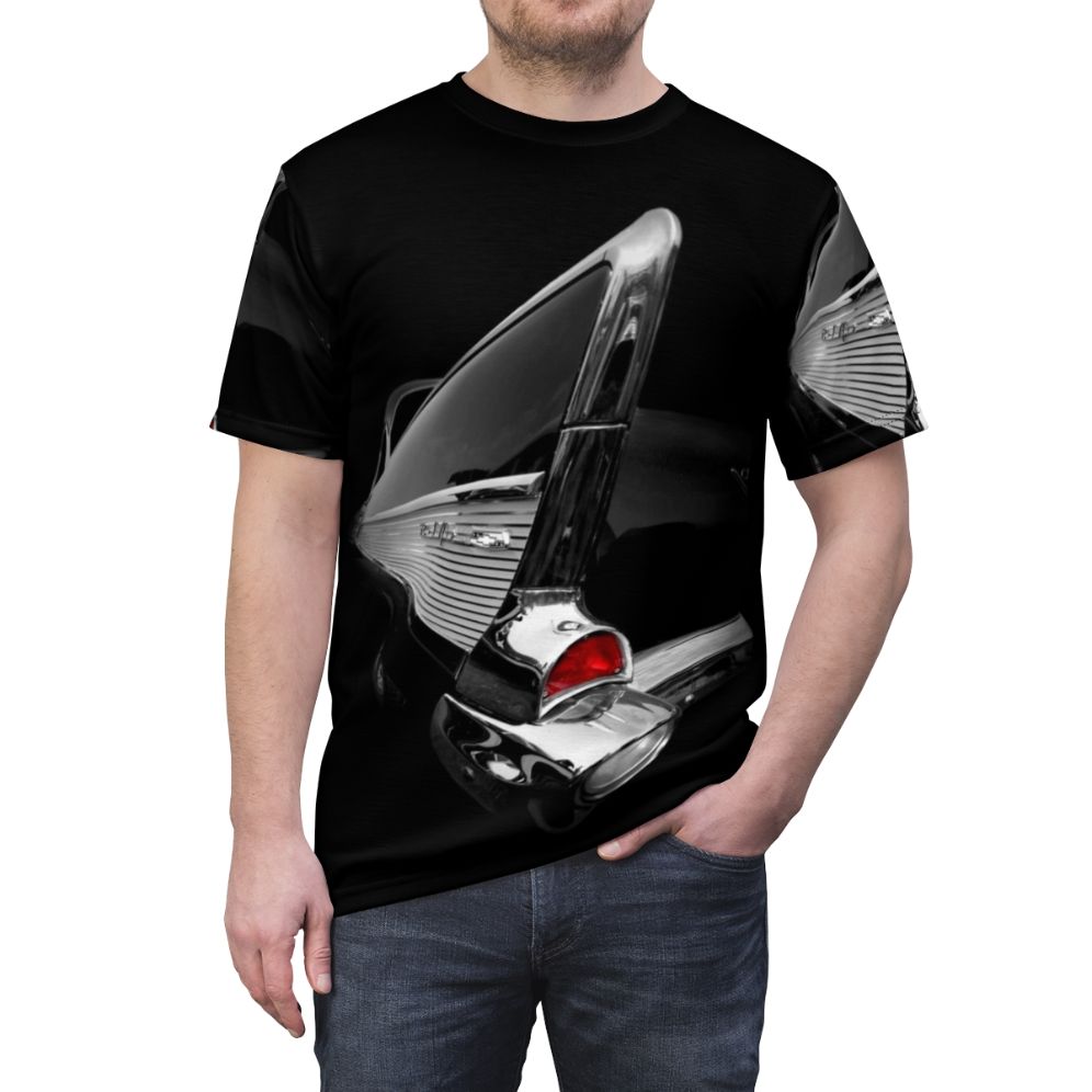 Black t-shirt featuring a high contrast, low key design inspired by the 1957 Chevrolet Bel Air, a classic American car. - men front