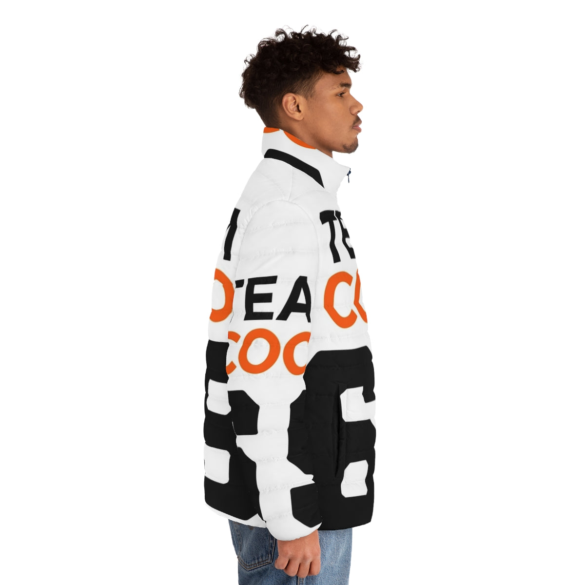 Team Coco football jersey style puffer jacket featuring Conan O'Brien's logo - men side right