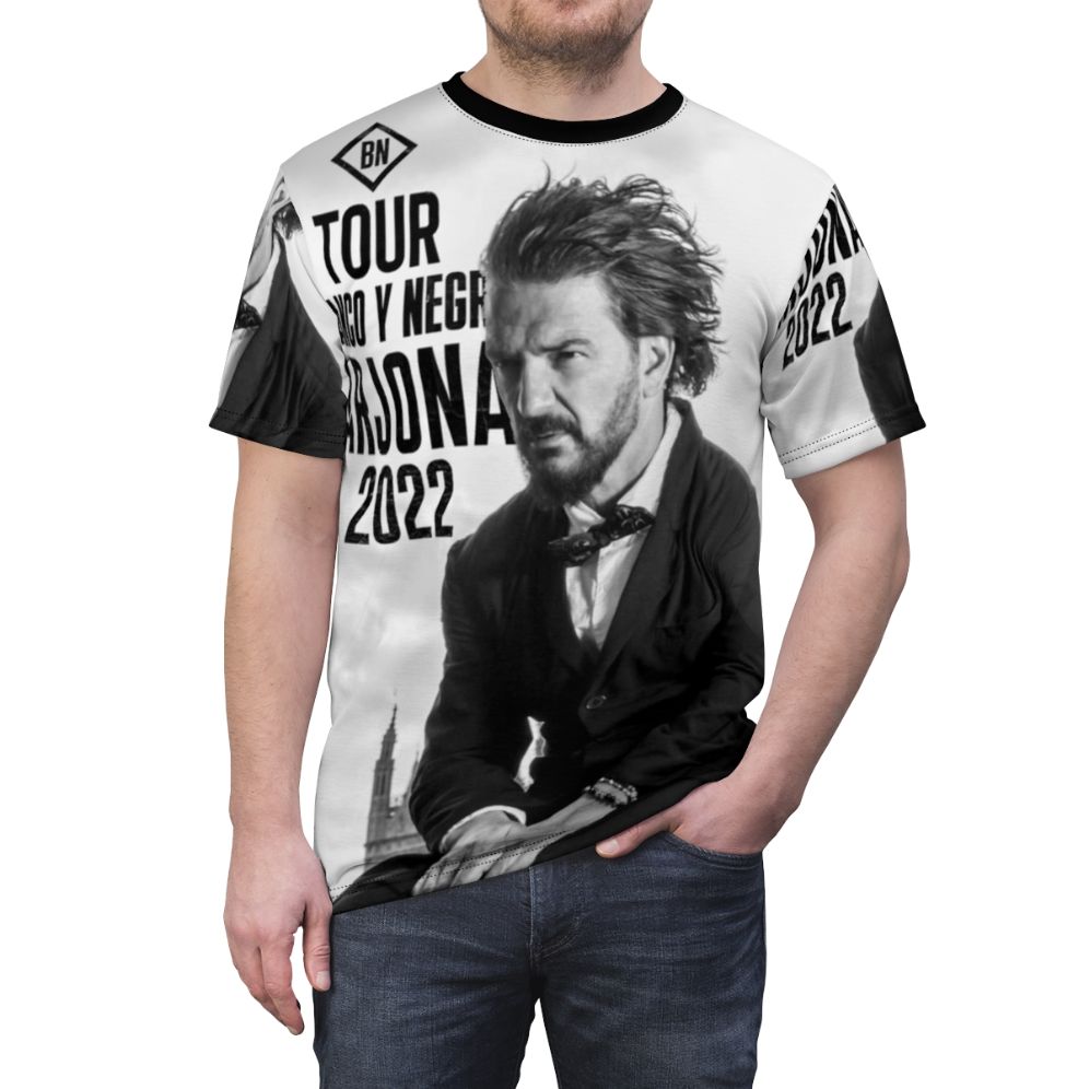 Stylish t-shirt design inspired by the Ricardo Arjona Blanco Y Negro Tour concert - men front