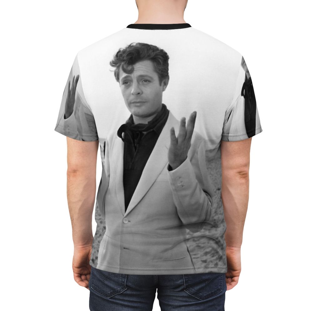 Vintage-style T-shirt featuring an illustration of iconic Italian actor Marcello Mastroianni from classic 1960s films. - men back