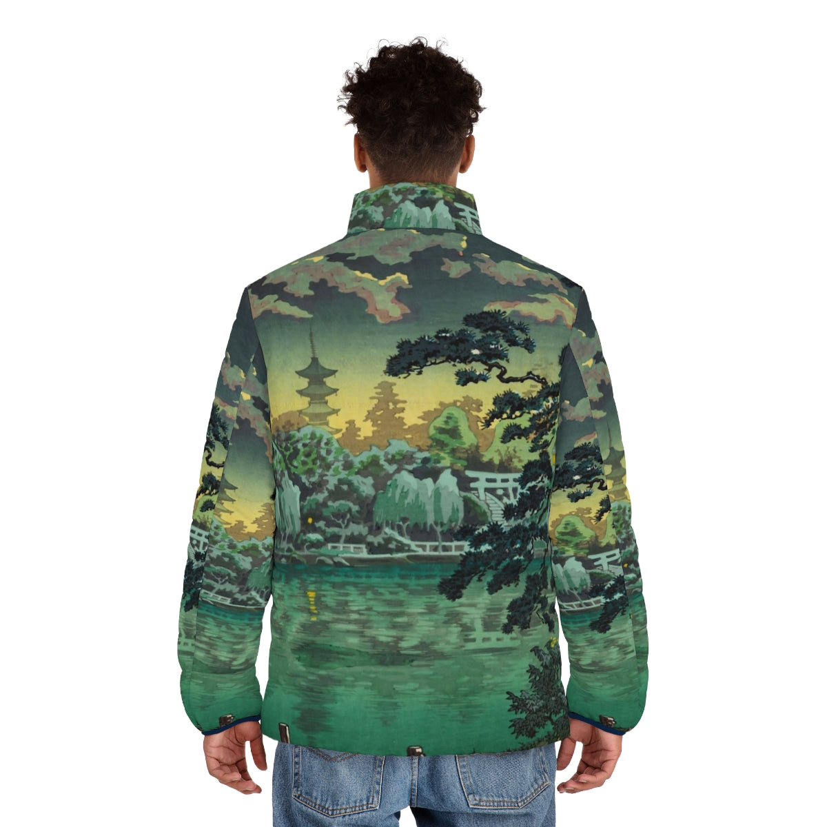 Traditional Japanese ukiyo-e puffer jacket featuring Tsuchiya Koitsu's painting of Ueno Shinobazu Pond - men back