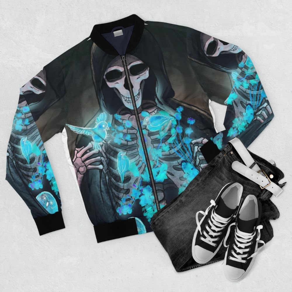 Dark gothic supernatural bomber jacket with reaper, skeleton, and nature motifs - Flat lay