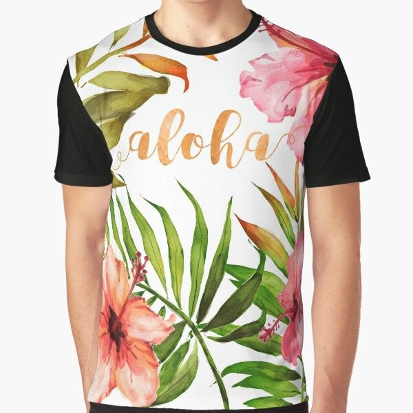 Tropical Hawaiian floral watercolor graphic t-shirt with palm leaves, flowers, and typography