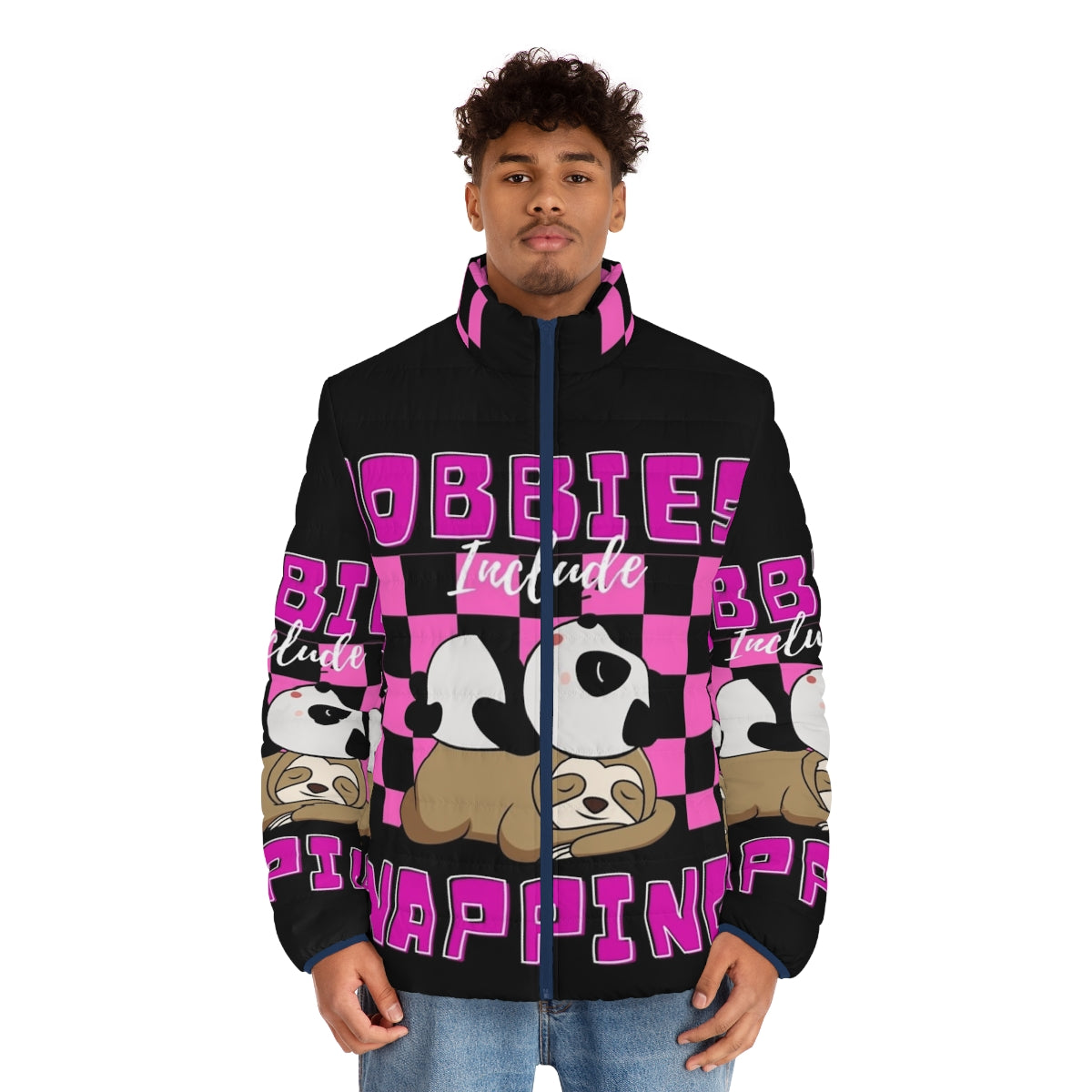 Cozy puffer jacket with "Hobbies Include Napping" design - men front