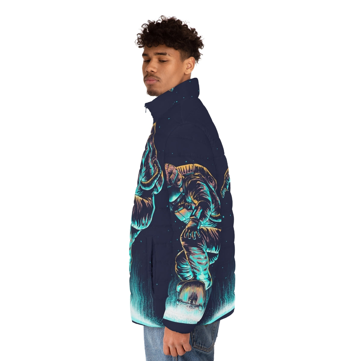 Cosmic Grind Space Puffer Jacket featuring a surreal, neon-lit space-inspired design - men side left