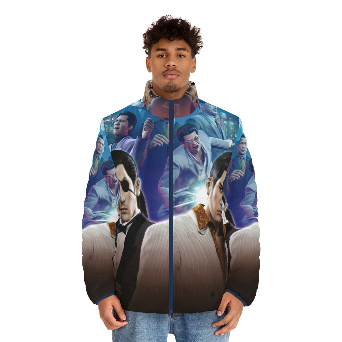 Yakuza 0 Puffer Jacket featuring game characters and imagery - men front