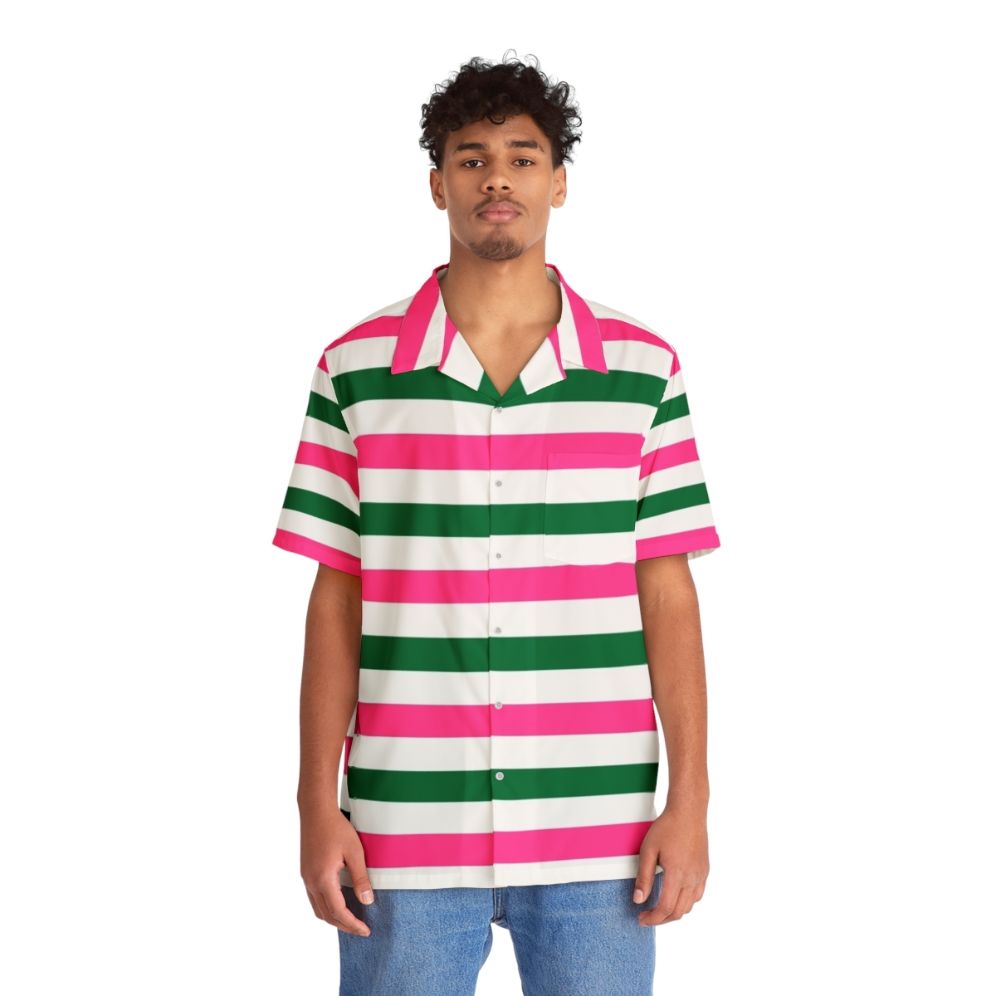 Retro deckchair stripes Hawaiian shirt in forest green and pink - People Front