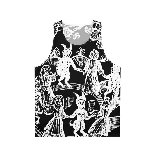 Unisex white 'Dance With The Devil' tank top featuring a vintage-style design with skull, goat, and magical elements