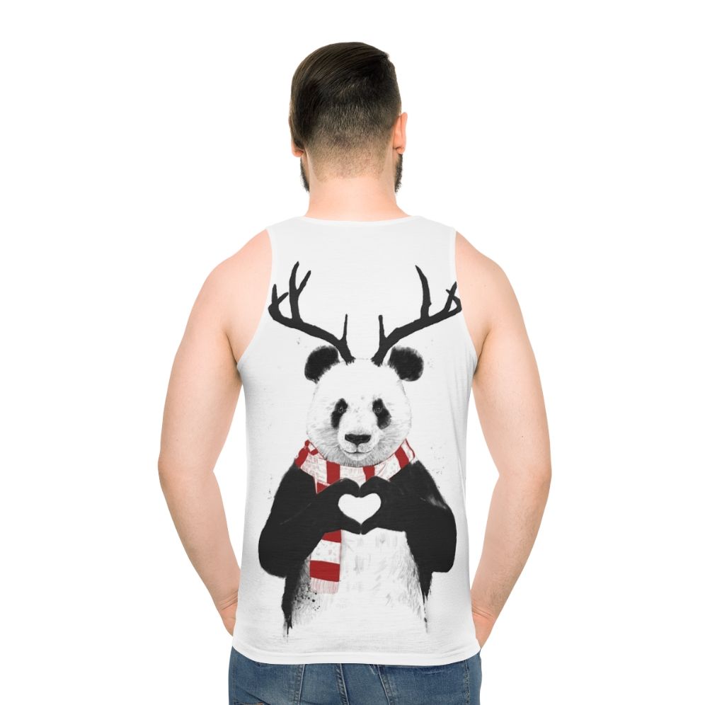 Panda wearing antlers on a Christmas-themed unisex tank top - men back