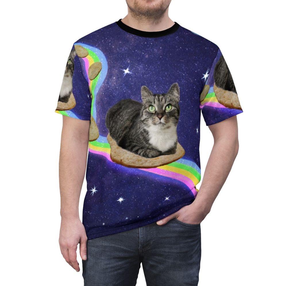 An all-over print t-shirt featuring a design of cosmic cats exploring the galaxy. - men front