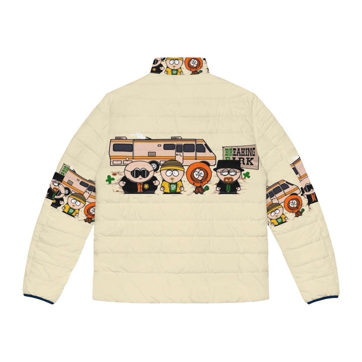 Breaking Park Puffer Jacket, a parody puffer jacket featuring characters from South Park and Breaking Bad - Back