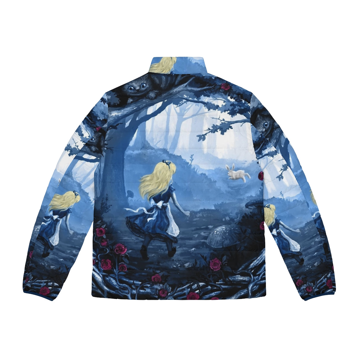 "Follow The Rabbit" puffer jacket featuring Alice in Wonderland inspired fantasy elements - Back