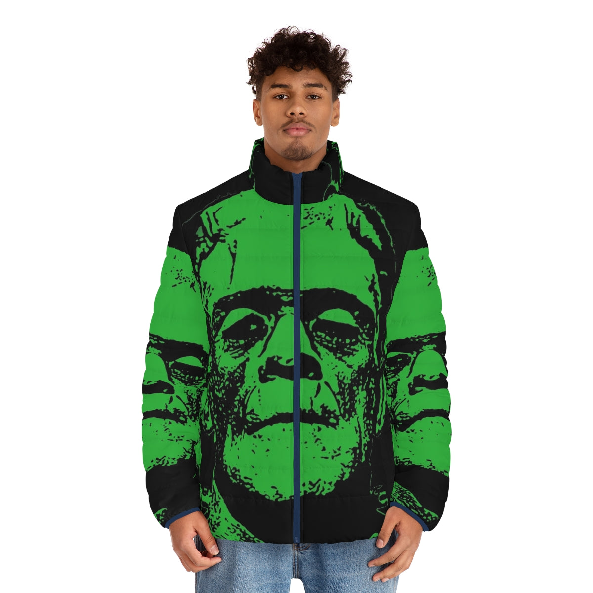 Frankenstein-inspired green puffer jacket with classic monster design - men front