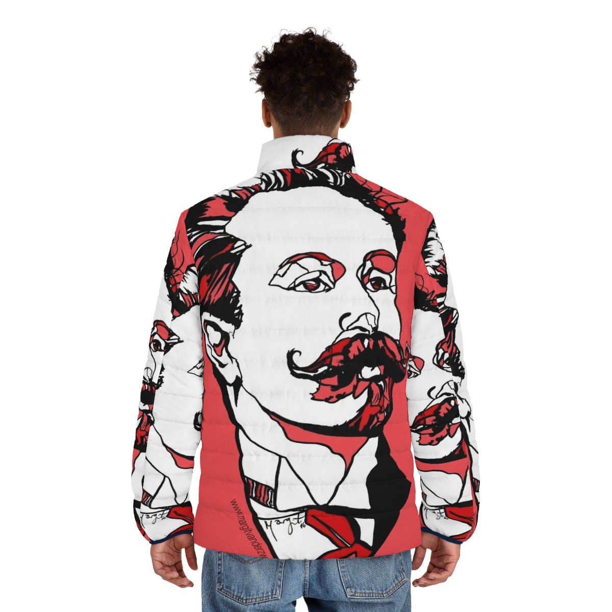 Scriabin Russian Composer Puffer Jacket featuring a portrait of the renowned classical musician - men back