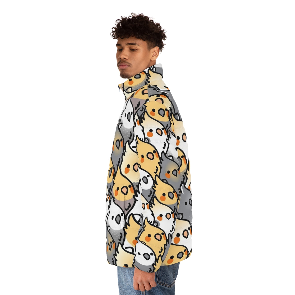 Colorful cockatiel puffer jacket with a fun party pattern - men side left