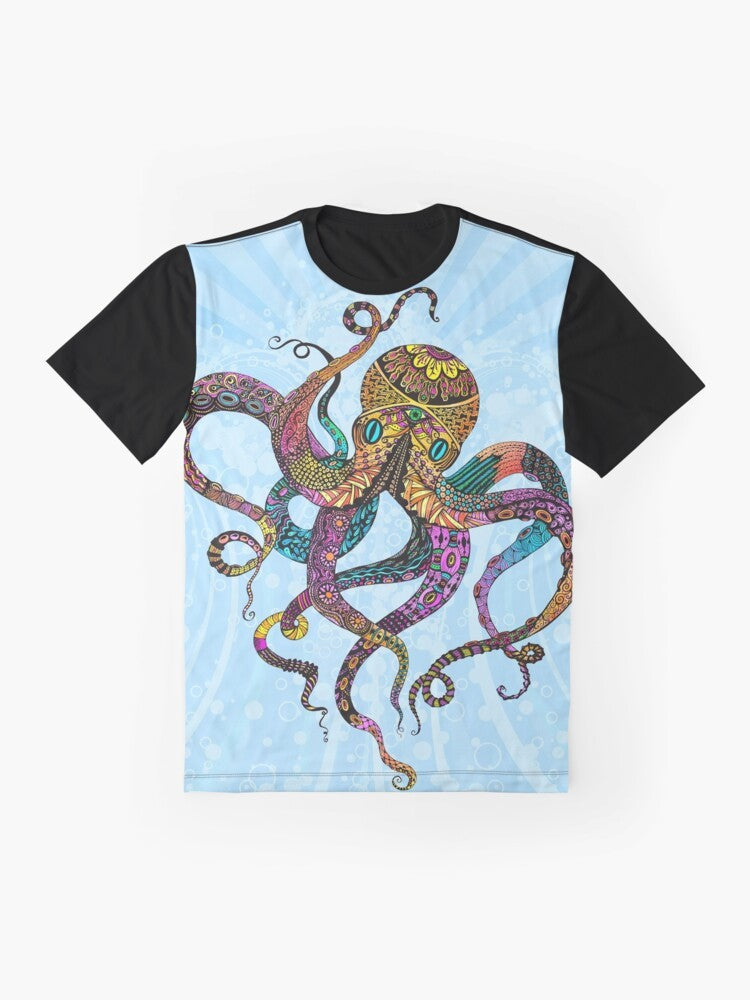 Colorful graphic design of an electric octopus with psychedelic patterns, waves, and bubbles on a t-shirt. - Flat lay